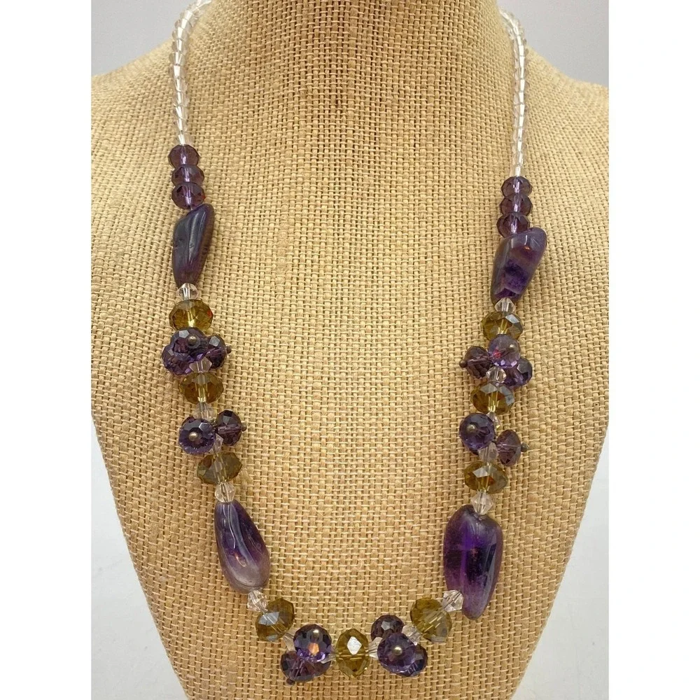 Amethyst Purple Stone and Faceted Glass Bead Adjustable Necklace Eclectic Style